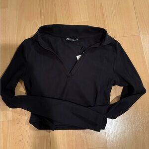 Zara Black Ribbed Long-Sleeve Polo Top